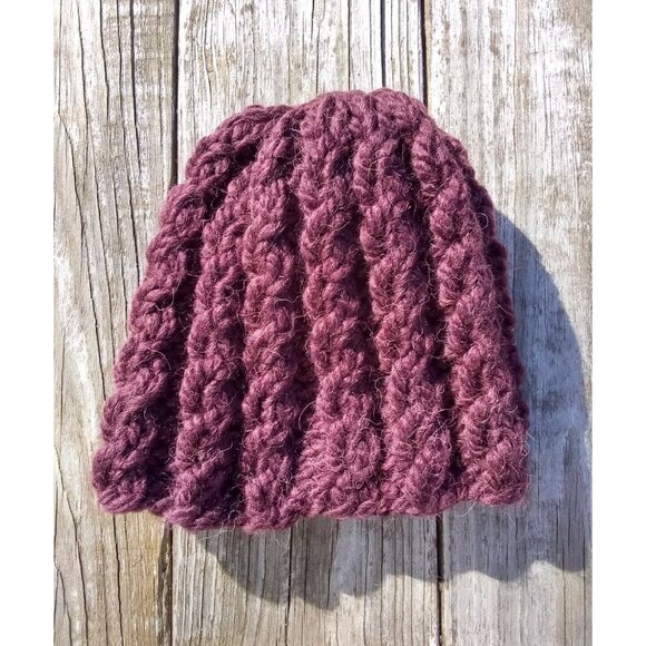 Womens Chunky Alpaca Beanie Skully Hat Handmade Knit Unisex Burgundy Men Red M/L - Picture 8 of 9